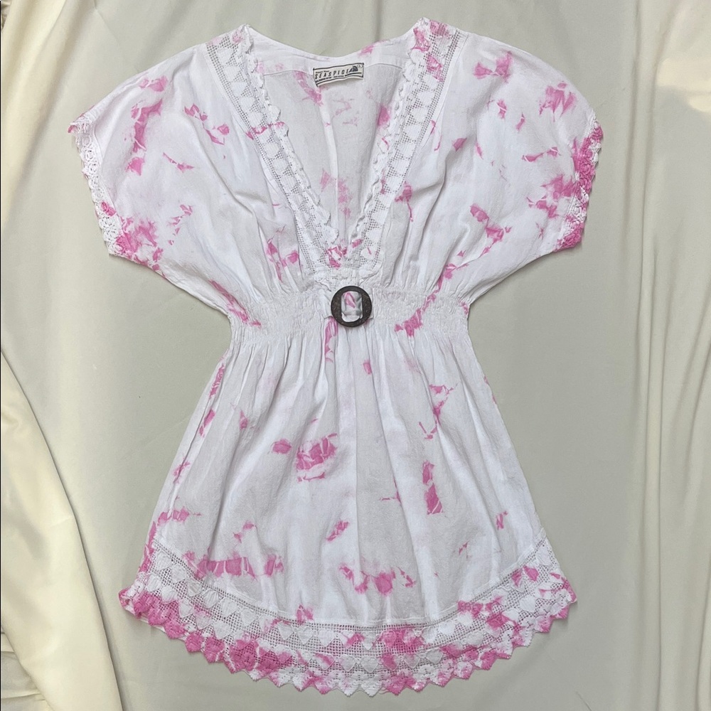 Elegant White and Pink Tie-Dye Swim Coverup